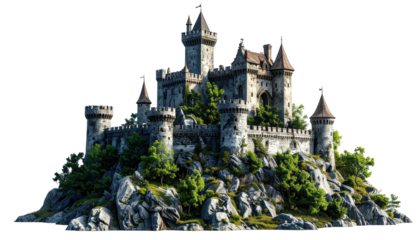 A grand stone fortress atop a rocky hill, surrounded by green trees, under sunlight