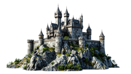 A grand stone fortress atop a rocky peak, with multiple towers and turrets, against a black background