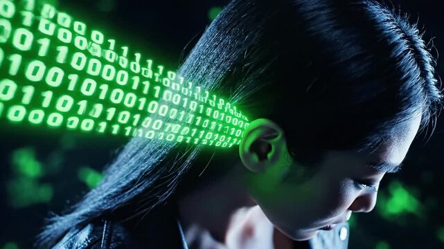 A woman's head with green binary code streaming from her ear