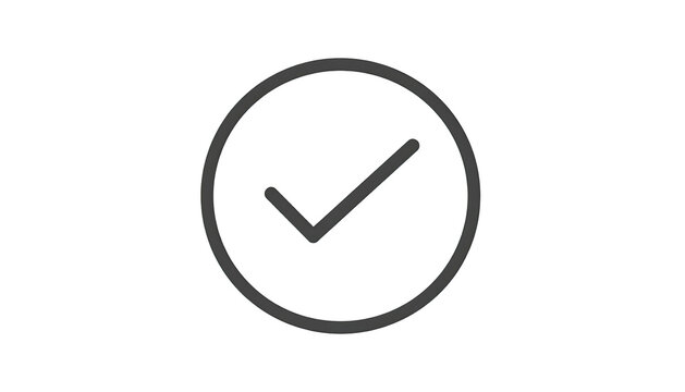 A grayscale circular icon with a checkmark, set against a solid black background