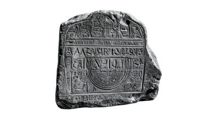 A grayscale image of an ancient carved stone tablet, showcasing detailed hieroglyphic inscriptions