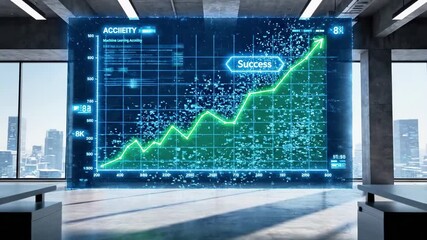 A futuristic office with a large screen displaying a line graph on a grid background, surrounded by desks, chairs and city views - Powered by Adobe
