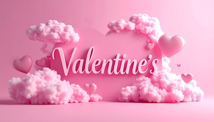 A pink composition featuring fluffy clouds, glossy hearts, and script text, all set against a matching solid-colored backdrop