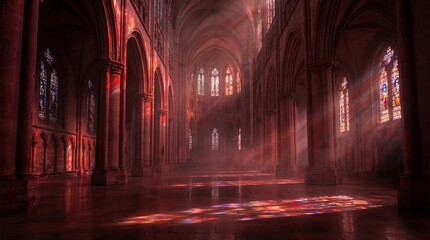 Gothic Cathedral Interior with Red Sunbeams and Stained Glass Windows