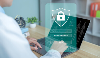 Doctor  using laptop with digital security login interface, shield and padlock icon, cybersecurity concept, data protection, secure access system, modern office, space for text
