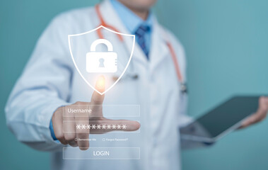 Doctor using tablet with login shield icon, illustrating medical data security, cybersecurity, privacy protection and secure healthcare system access.