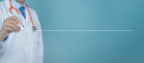 Doctor in a white coat is using a digital pen to draw lines on a blue background. Concepts related to medical planning and analysis, healthcare technology, and medical professionals are depicted. The 