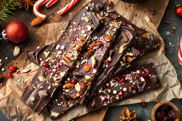 Christmas chocolate bark with crushed candy canes, dried fruits, nuts, and sprinkles