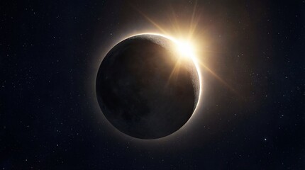 Solar Eclipse Moon Blocking Sun With Bright Lens Flare In Starry Space