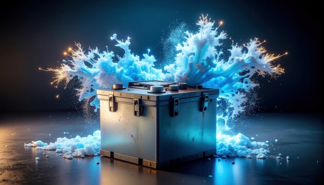 Explosion from metal box, water splash and sparks, futuristic sci-fi concept - Powered by Adobe
