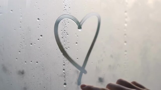 Hand drawing heart shape on wet foggy window glass with condensation droplets