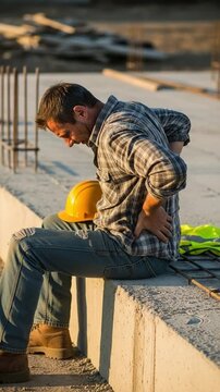 Exhausted Caucasian male construction worker suffering from severe lower back pain while sitting on a concrete beam at a building site