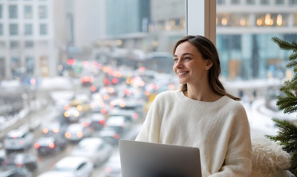  A confident, happy woman sitting comfortably at home, smiling while looking at her laptop. She looks relaxed, productive, and satisfied. Behind her, a large window reveals a contrasting scene