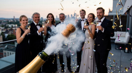Champagne Bottle Cork Popping with Smoke and Confetti at Rooftop Party