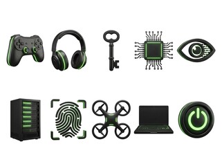 Set of 9 Black and Green Neon 3D Technology Security Icons