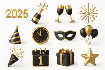 Set of 12 Gold and Black 3D New Year Icons
