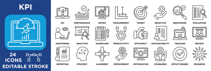 KPI icon collection set. Containing performance, target, analytics, and strategy for business dashboards. vector outline