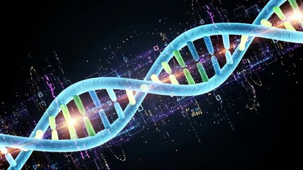 Glowing blue dna double helix structure with colorful digital elements on dark background representing genetic code and biotechnology - Powered by Adobe