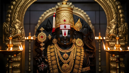 Obraz premium Sacred depiction of Lord Balaji also known as Venkateswara, shown with traditional ornaments and spiritual symbolism