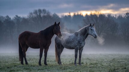 Brown and Grey Horses Standing in Frosty Winter Field at Sunrise with Fog