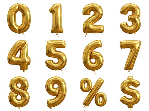 Collection of 3D Golden Foil Balloon Numbers and Symbols