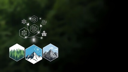Hexagonal nature icons featuring mountains, forests and environmental symbols on blurred green background for eco-friendly design projects.
