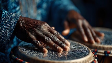 Elderly African American woman's hands crafting traditional pottery with intricate patterns. Artisan working on ceramic bowl with detailed tribal designs.