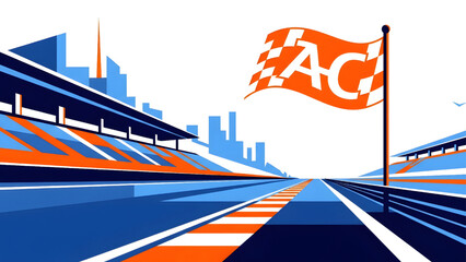 Professional race track with grandstands and checkered flag, flat vector illustration of car racing circuit and competition stadium