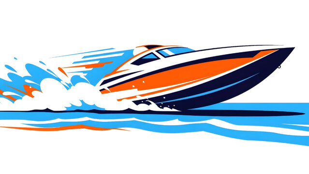 Fast luxury speedboat racing on ocean waves, flat vector illustration of a powerboat with dynamic motion lines for travel and vacation concepts