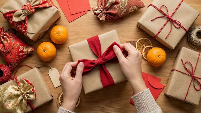 Woman creating Chinese New Year gift display with oranges, red envelopes, red ribbon, and kraft paper packaging for Lunar New Year.