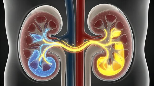 Anatomical illustration of human kidneys with ureters and blood vessels highlighted in blue and yellow on a dark background