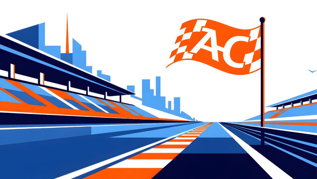 Professional race track with grandstands and checkered flag, flat vector illustration of car racing circuit and competition stadium