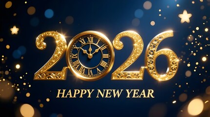 Golden 2026 new year celebration with clock and bokeh lights on dark blue background