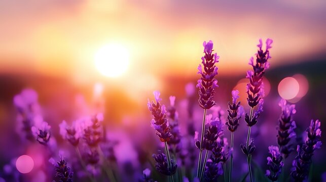 Purple lavender flowers blooming in field during golden sunset with warm bokeh light effects creating dreamy romantic atmosphere for wellness spa aromatherapy.