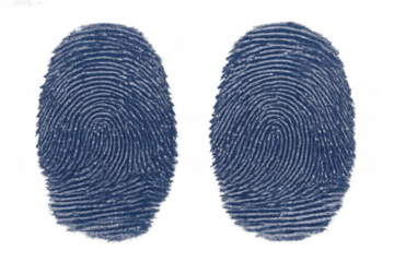 Two blue fingerprints creating an impression of uniqueness, identification, access control, cyber security, and personal data