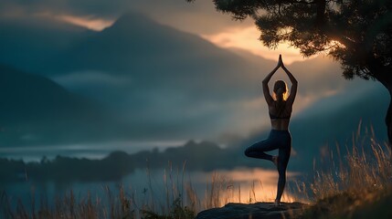 Woman practicing yoga tree pose at sunset by serene lake with mountains and golden sky creating peaceful meditation atmosphere for wellness and mindfulness.