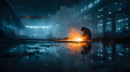 Industrial worker welding metal in large factory warehouse with bright sparks flying and dramatic lighting creating atmospheric manufacturing scene.