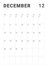 Monthly page Calendar Planner Template design of December 2026. Vector layout of calendar with week start Monday for Scheduling. Page for size A4 or 21x29.7 cm