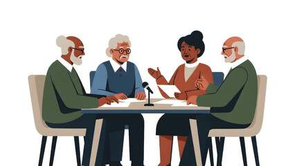 Group of senior professionals in a panel discussion, flat vector illustration of elderly diverse people sitting at a table for a conference or meeting