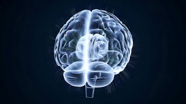 A glowing blue transparent human brain on a dark background with white highlights and lines radiating from it for medical or scientific concepts