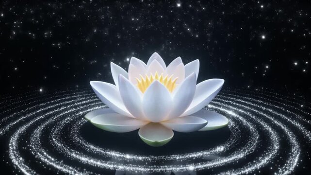 A glowing white lotus flower with sparkling ripples on dark water under a starry, mystical background.