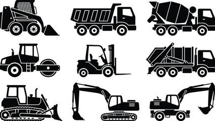 Construction vehicles silhouettes icon set, skid steer dump truck excavator forklift roller machinery collection isolated on white background © imtiyaj