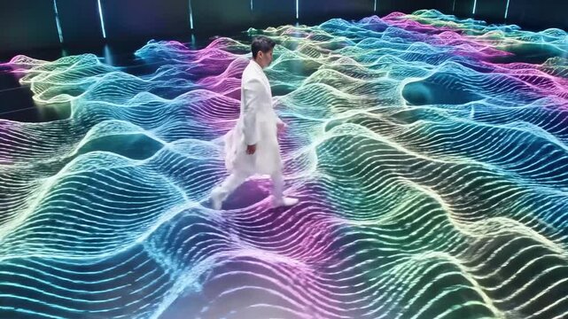 A man walks through a colorful, futuristic, wavy pattern on the floor