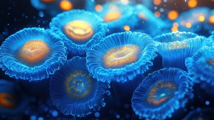 Glowing blue coral reef underwater, ocean background, nature scene, marine life