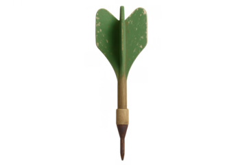 Old wooden dart with worn green flights and a rusty metal tip, ready for a game, isolated on a transparent background