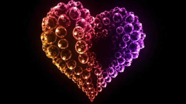 Colorful heart shape made of glowing bubbles on dark background with vibrant purple and orange hues