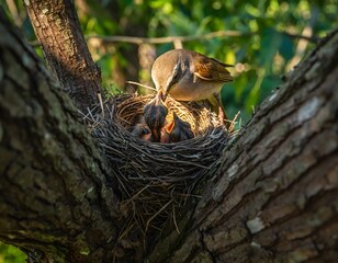 A brown bird feeding its young in a nest situated between the branches of a tree with green leaves in the background.