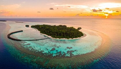 Obraz premium Beautiful tropical island sunset from above with reef