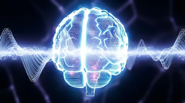 Glowing blue brain with circuit board design and electrical impulses on dark background with futuristic vibe and technology concept