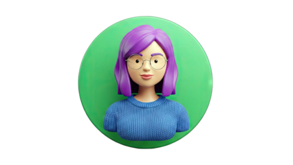 3D Rendered Woman with Purple Hair and Glasses on Green Circle